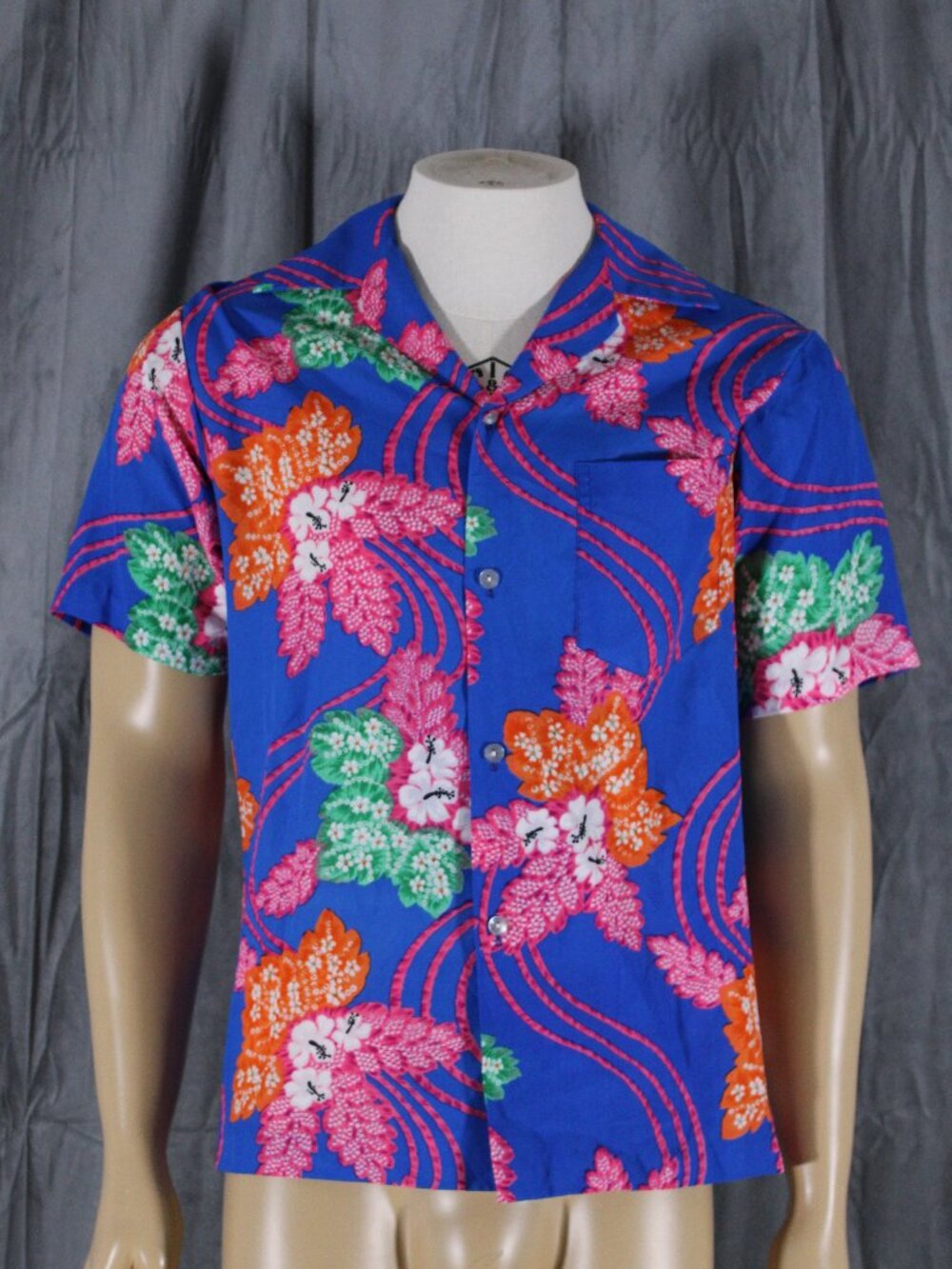 Vintage Hawaiian Shirt - Blue with Neon Floral Pattern - Men's Medium